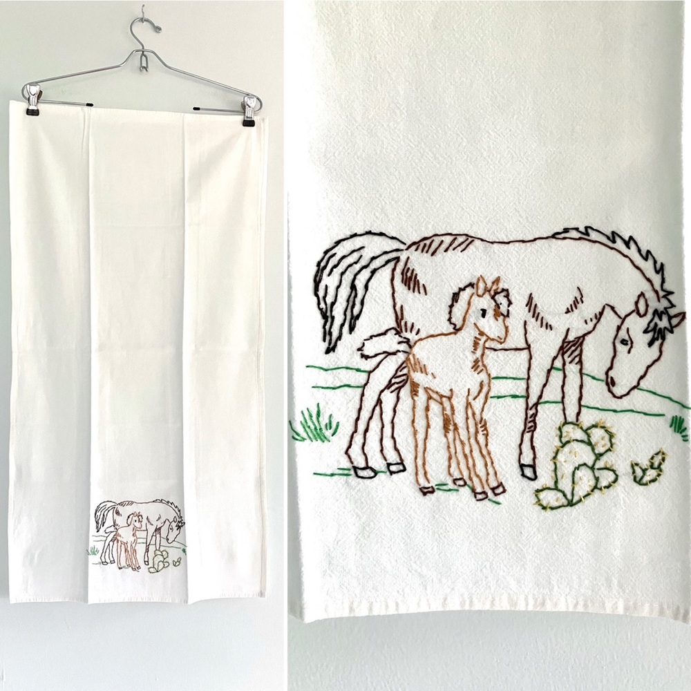 Vintage embroidered horses mom & baby white linen kitchen towel